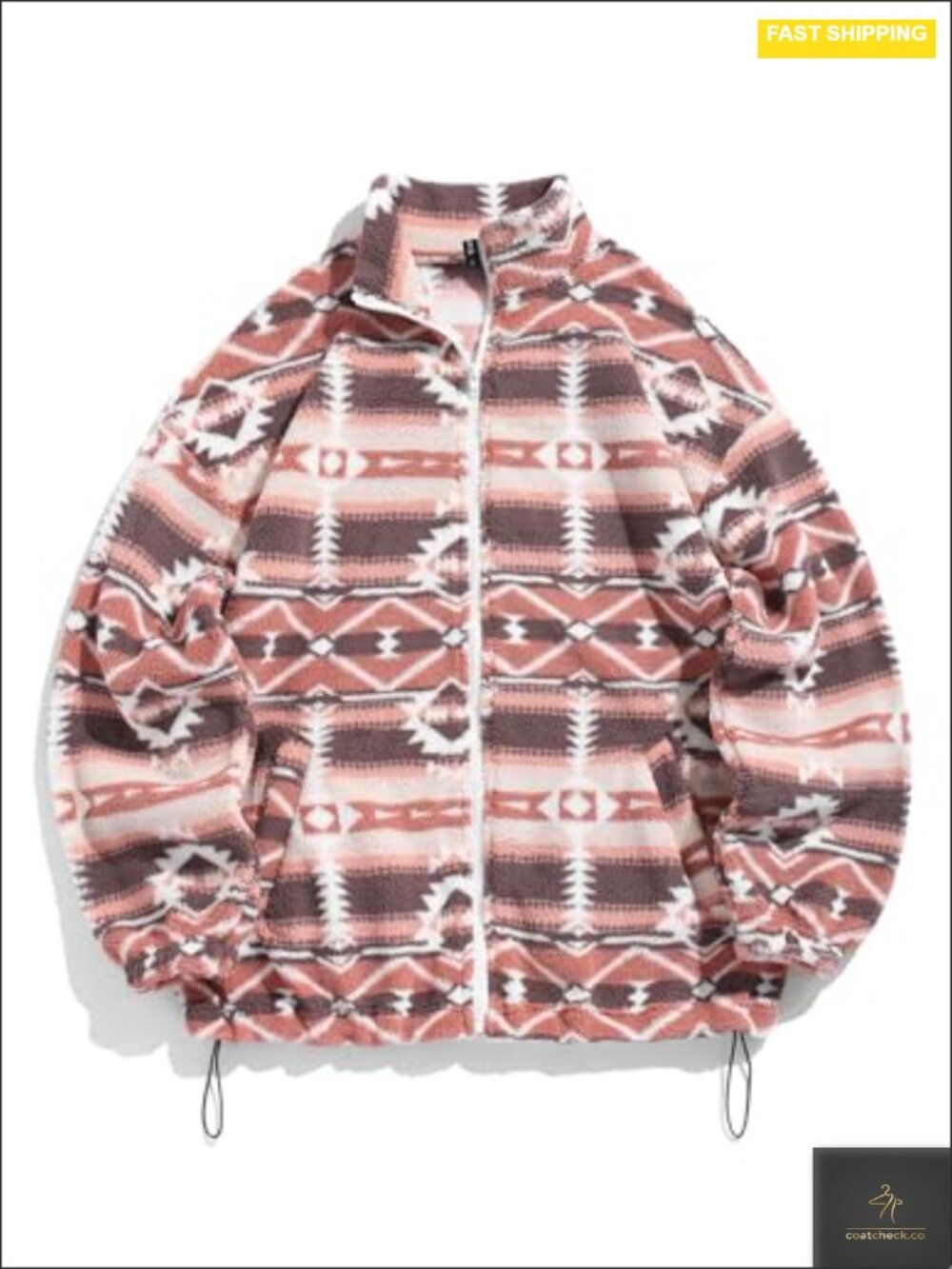 Faux Fur Aztec Print Zip Up Cropped Jacket with Pockets